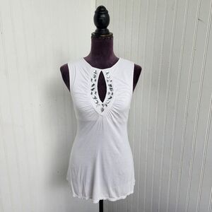 MODA International Womens White Stretch Sleveless Tank Jewel Keyhole Modal Sz S